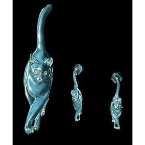 Signed Jewelry Maurice Milleur Cat Brooch Pendent & Earrings Pewter Vtg Pewter